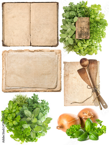 kitchen utensils, old cookbook, pages and herbs