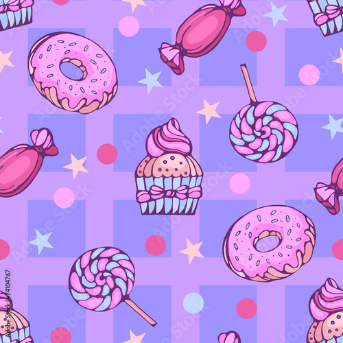 seamless pattern of donuts, candies and lollypops with check bac