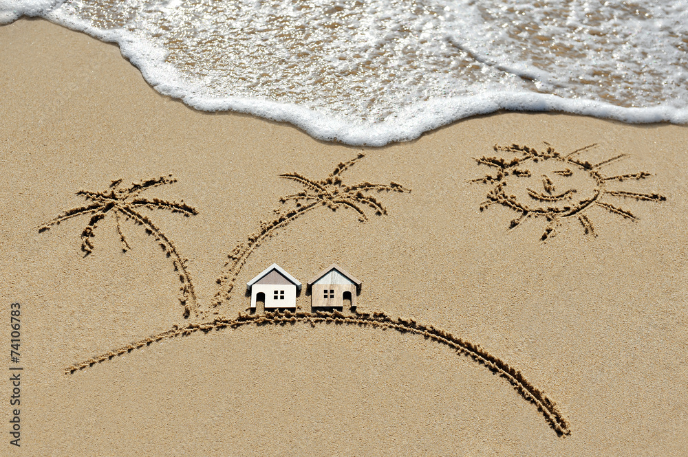 house near sea, beach, sun and palm trees