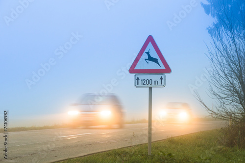 Obraz na plátně Deer crossing roadsign