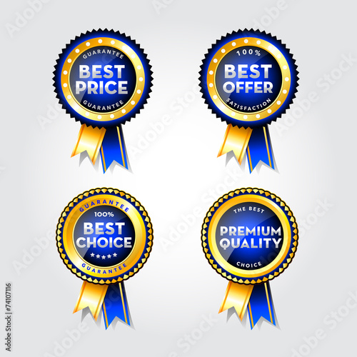 Gold best price badge with blue ribbon on white background