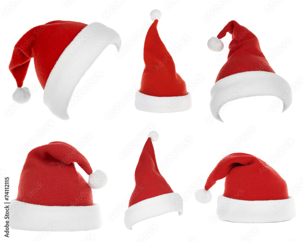 Collage of Santa hats isolated on white Collage of Santa hats isolated on white