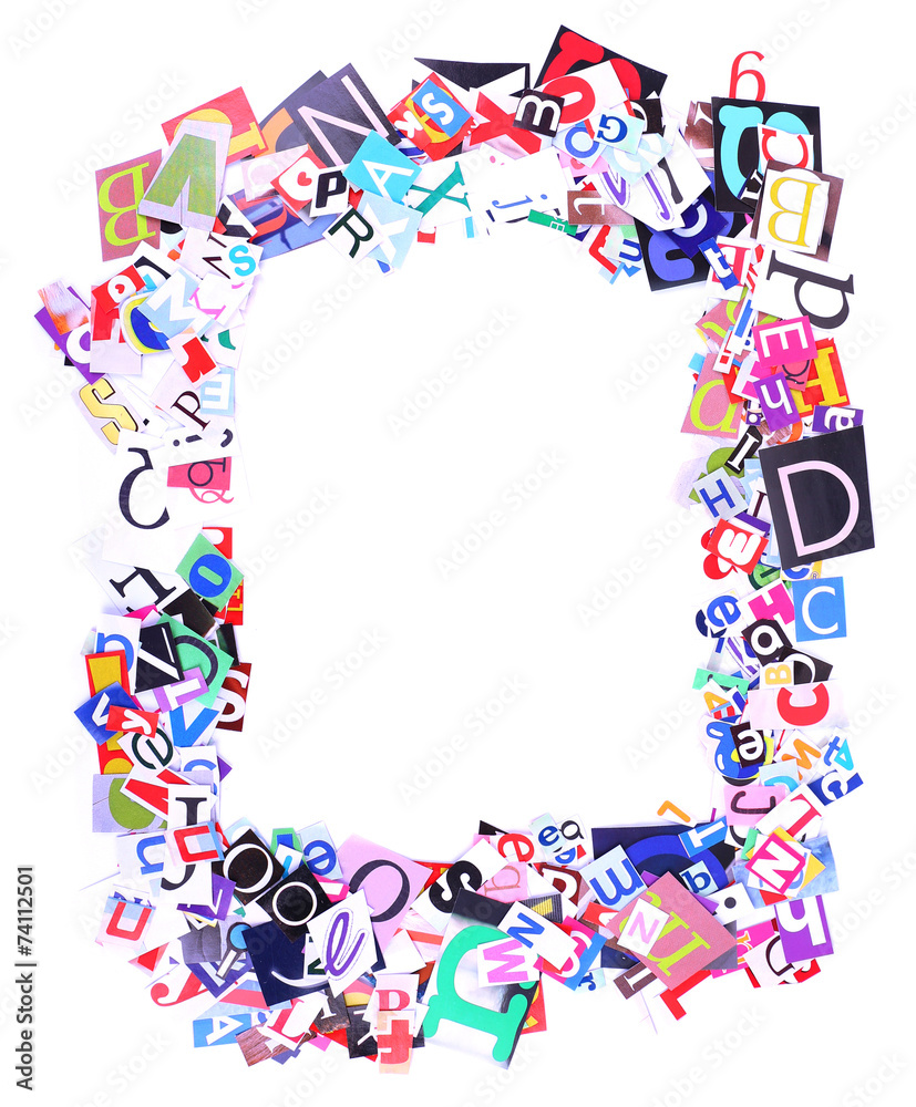 Colorful newspaper letters shaped as frame isolated on white
