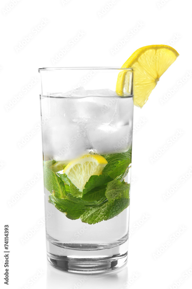 Summer cocktail with ice cubes isolated on white Summer cocktail with ice cubes isolated on white
