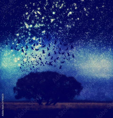 a tree at night with birds and stars