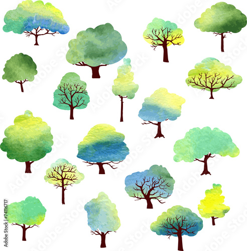 set of different trees by watercolor