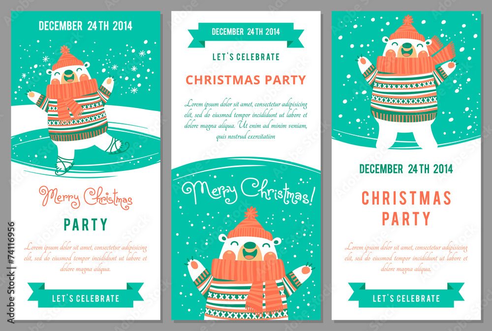 Christmas party invitations in cartoon style.