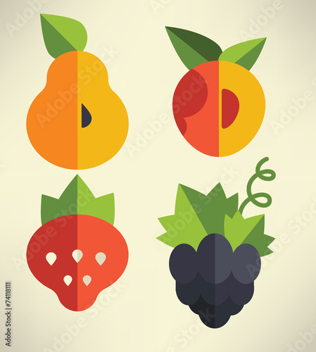 fresh fruits and berries emblems in flat style
