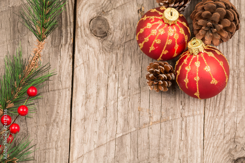 Christmas baubles and pine cones top view Christmas baubles and pine cones top view