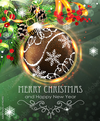 Brown Christmas bauble with fir branches and tinsel