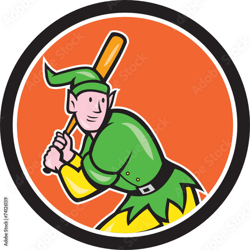 Elf Baseball Player Batting Circle Cartoon