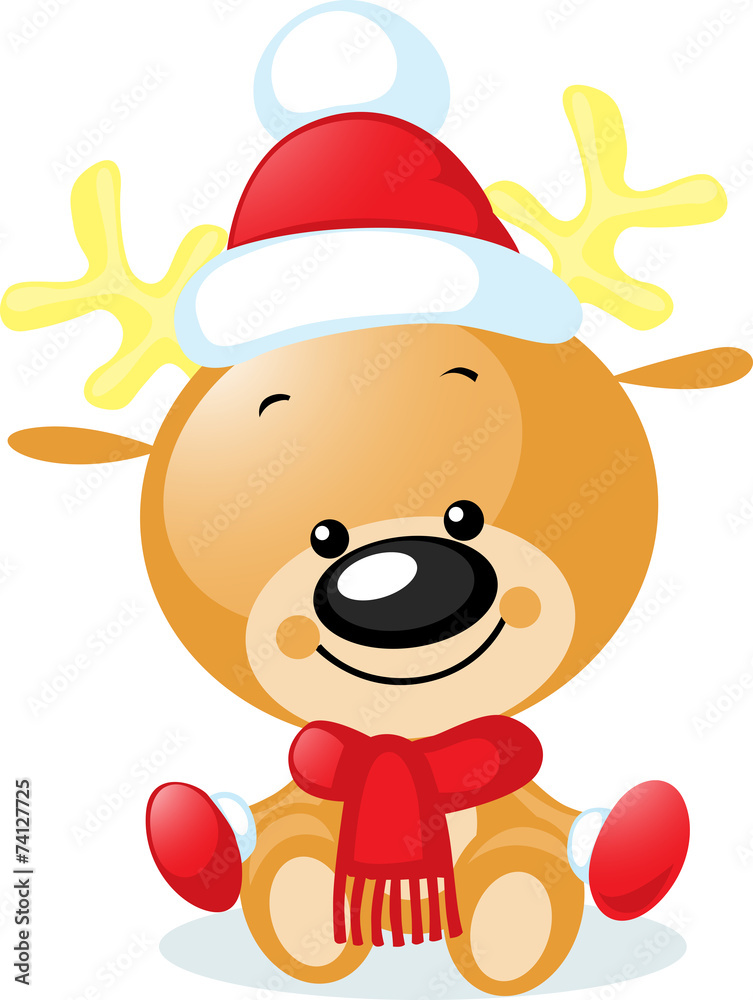 cute reindeer with santa cap - vector illustration cute reindeer with santa cap - vector illustration