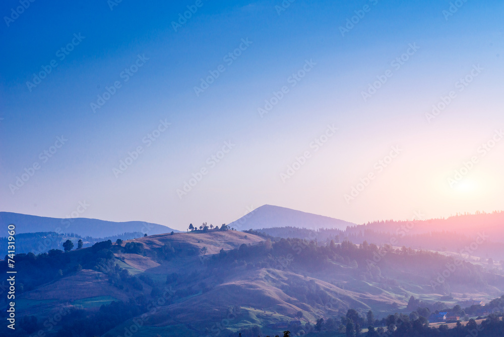 Colorful summer landscape in the Carpathian mountains. Sunset