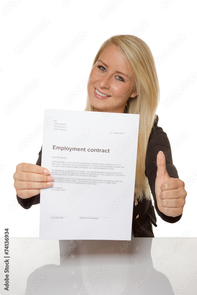 Happy young woman is happy about her employment contract Happy young woman is happy about her employment contract
