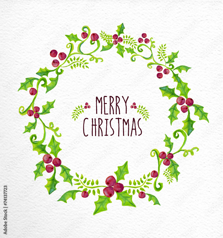 Merry Christmas watercolor holly berry wreath card - obrazy, fototapety, plakaty 