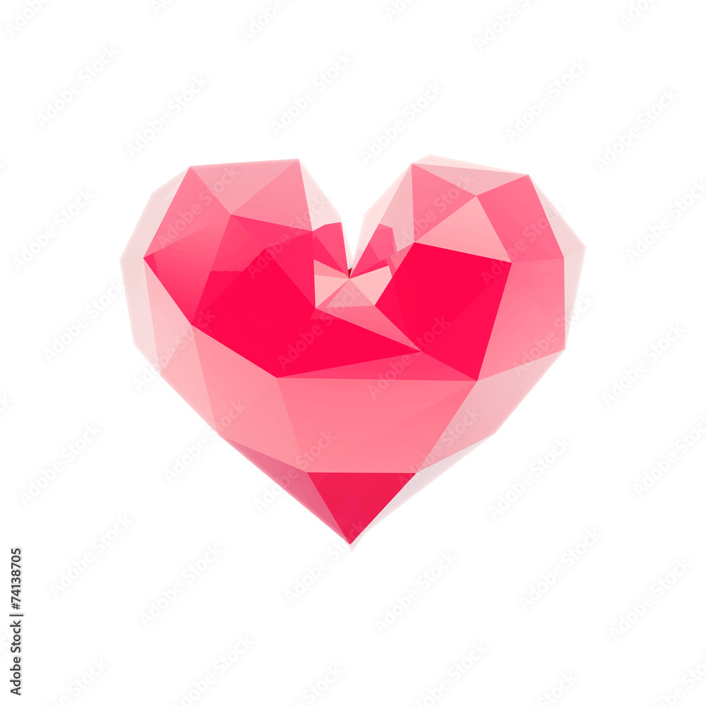 Triangulated pink 3d glossy heart shape, isolated