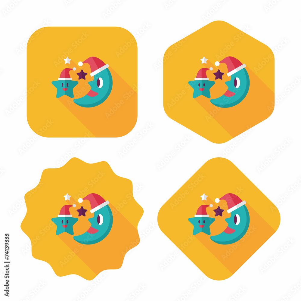 moon and star with Christmas hat flat icon with long shadow, eps moon and star with Christmas hat flat icon with long shadow, eps