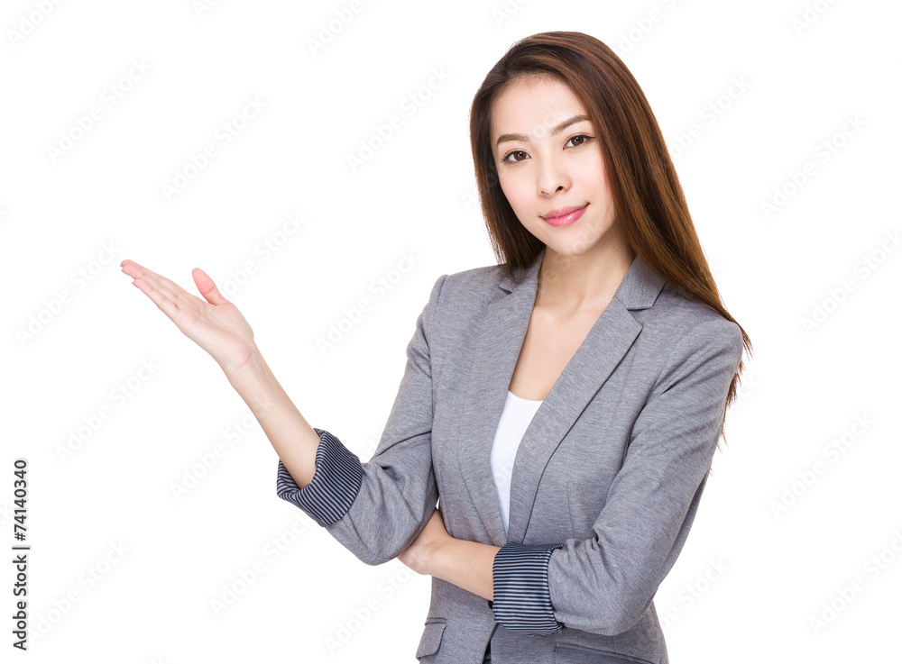 Businesswoman with open hand palm Businesswoman with open hand palm