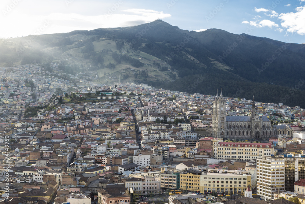 Panoramic view of central Quito with Basilica del Voto Nacional