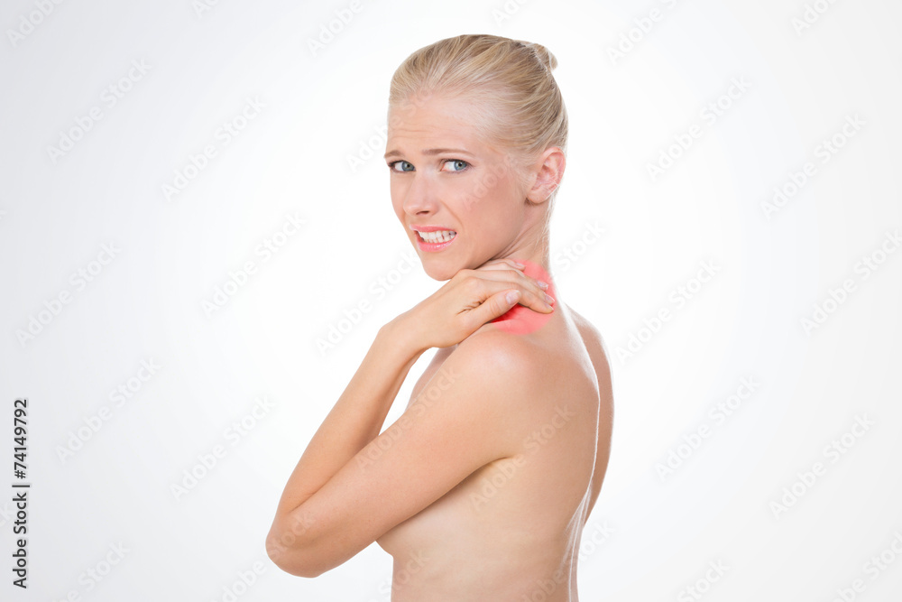 nordic girl suffering for her shoulder nordic girl suffering for her shoulder