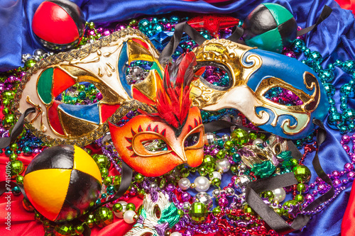 Three Mardi Gras Masks and Beads