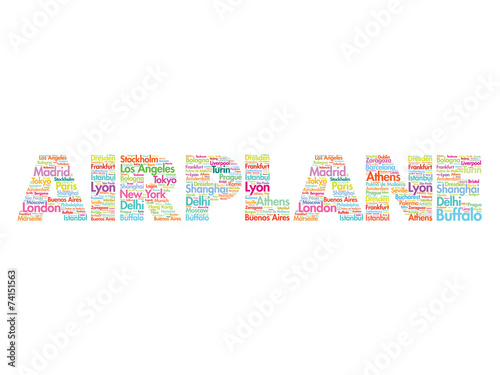 AIRPLANE travel concept made with words cities names, vector