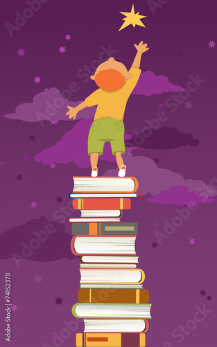 Boy, standing on a pile of book reaching for a star