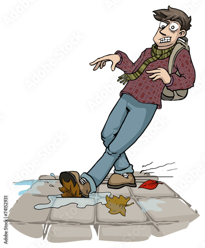 Man character slipping on wet autumn leafs