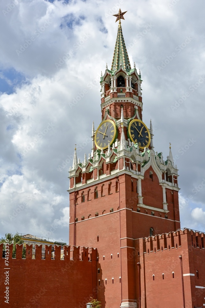 Spasskaya tower with clock on Red Square in Moscow. Spasskaya tower with clock on Red Square in Moscow.