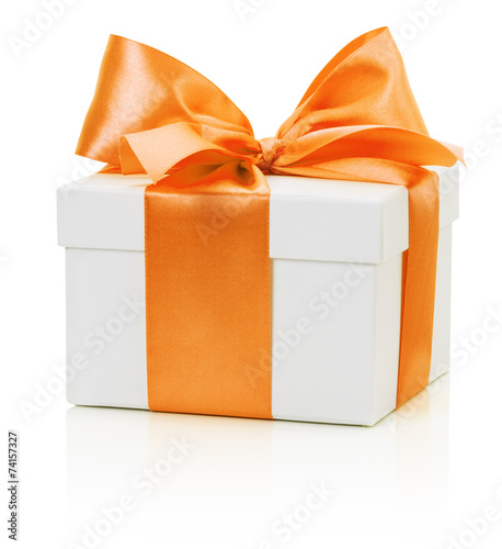 white gift box with orange bow isolated on the white background