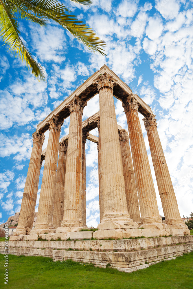 Zeus temple on green grass with palm leaves Zeus temple on green grass with palm leaves