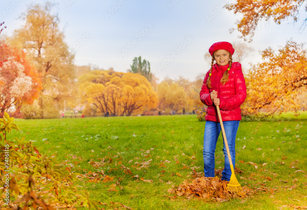 Beautiful girl with rake cleans grass from leaves