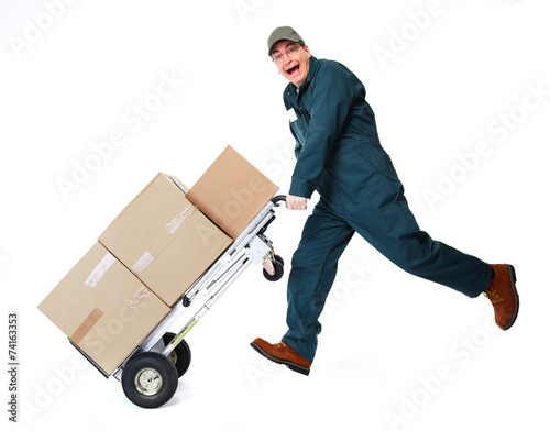 Happy postman with parcel