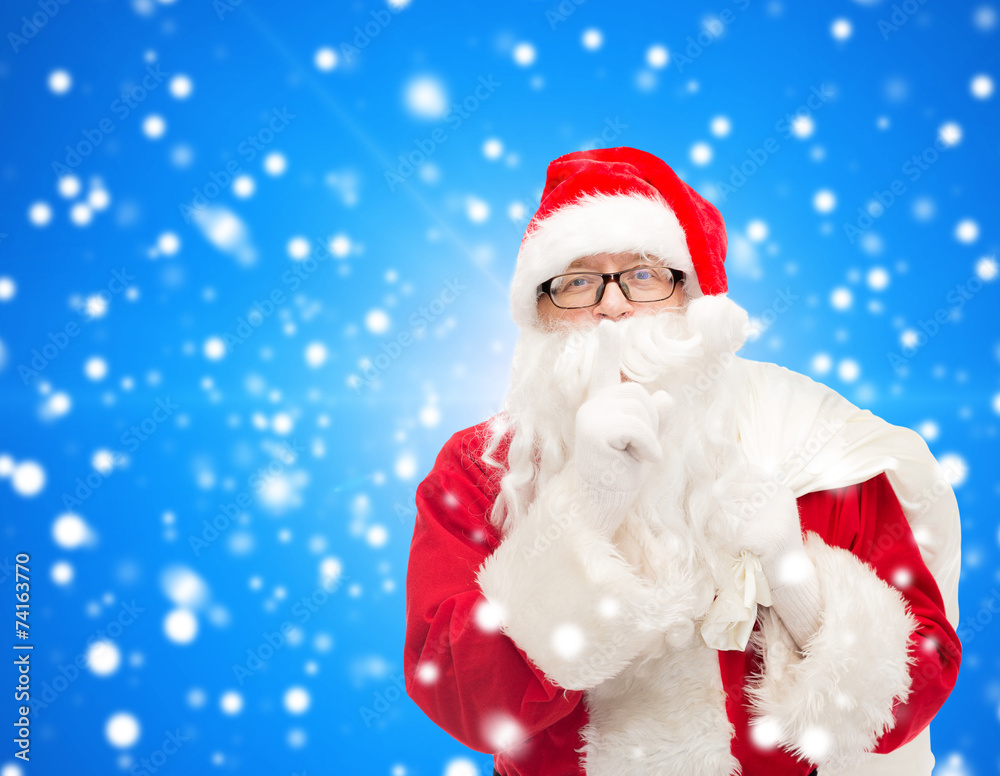 man in costume of santa claus with bag
