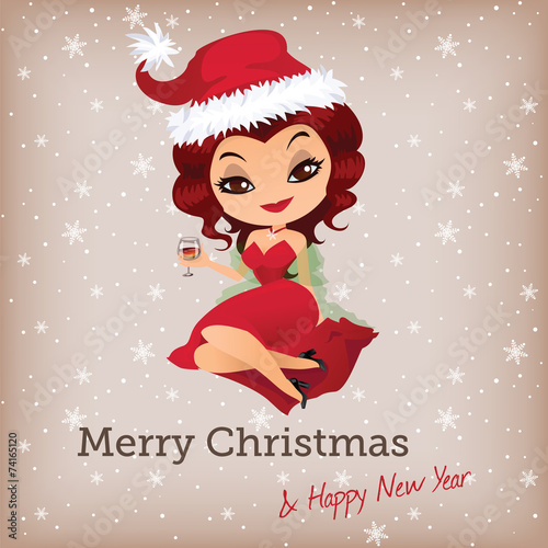 Christmas card with cute santa girl