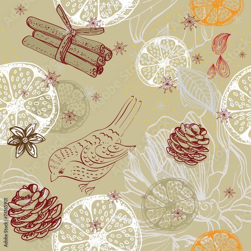 Doodle background with citrus, bird and snowflakes, seamless pat
