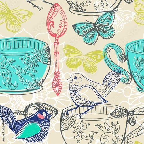 Tea time illustration with flowers and bird  seamless pattern