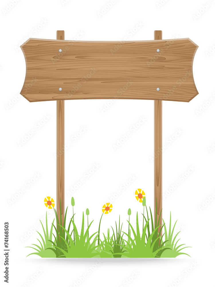 Wooden signpost on grass with flower isolated on white Wooden signpost on grass with flower isolated on white