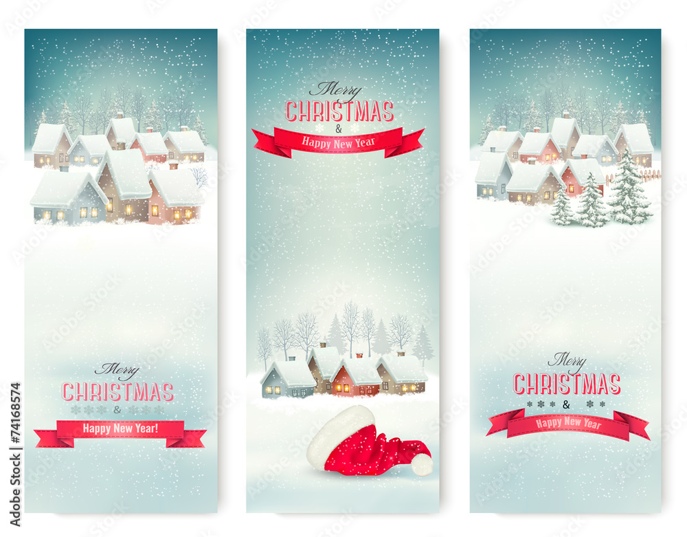 Holiday Christmas banners with villages. Vector. - obrazy, fototapety, plakaty 
