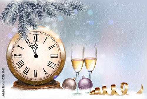 Holiday retro background with champagne glasses and clock. Happy