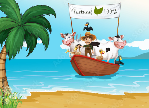 A boat with animals at the beach