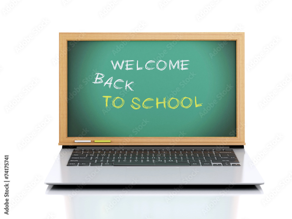 Laptop with chalkboard. welcome back to school concept. 3d illus Laptop with chalkboard. welcome back to school concept. 3d illus