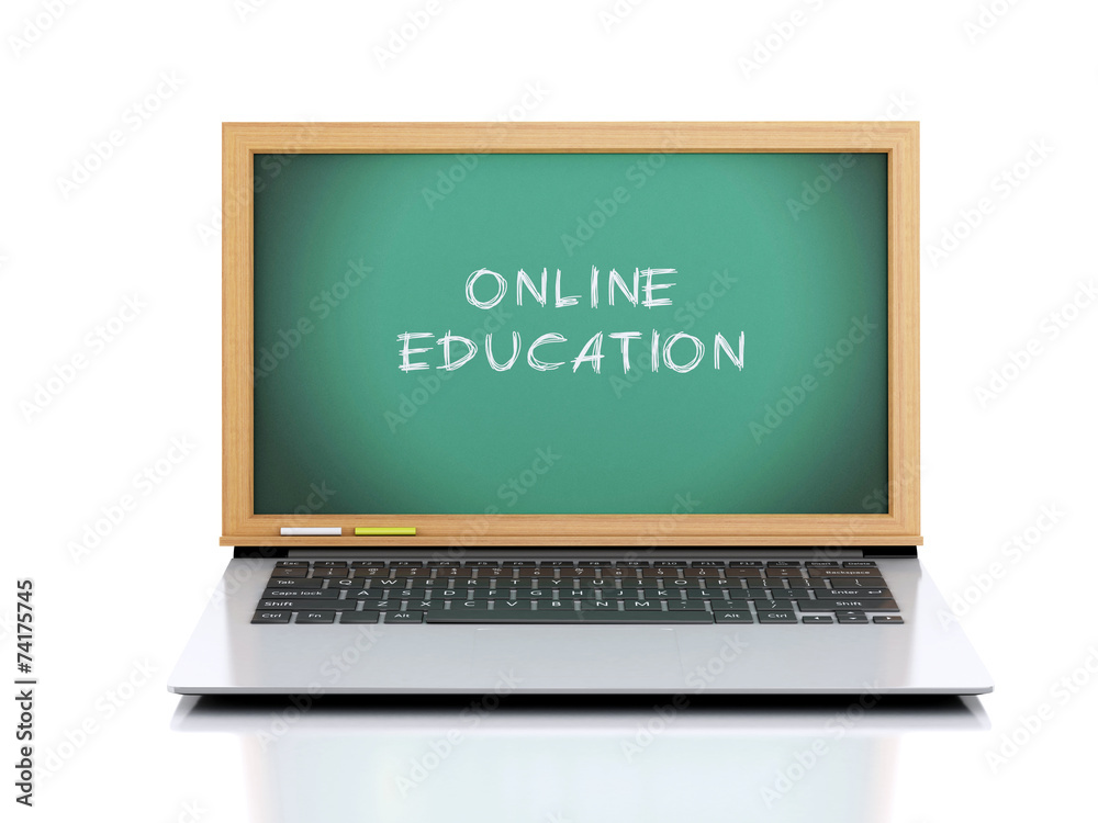 Laptop with chalkboard. online education concept. 3d illustratio Laptop with chalkboard. online education concept. 3d illustratio