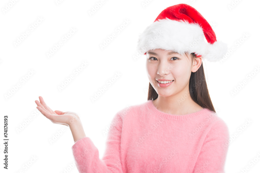 Young asian woman with Christmas hat isolated on white. Young asian woman with Christmas hat isolated on white.