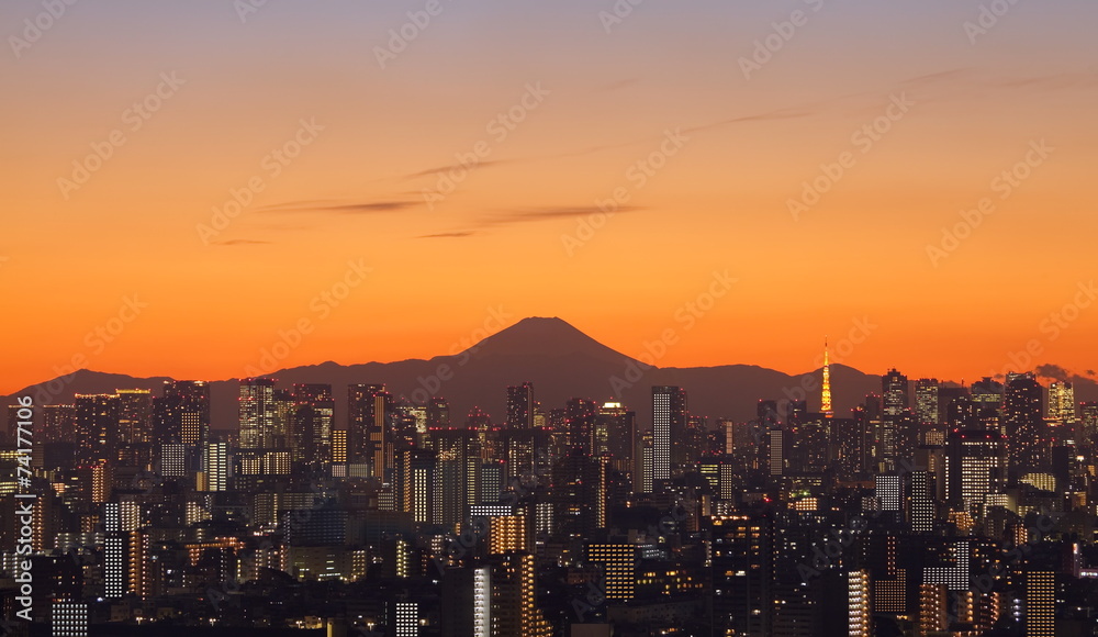 Fototapeta premium Tokyo city in evening with Tokyo sky tree and Fuji mountain