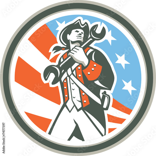 American Mechanic Patriot Holding Wrench Circle Retro