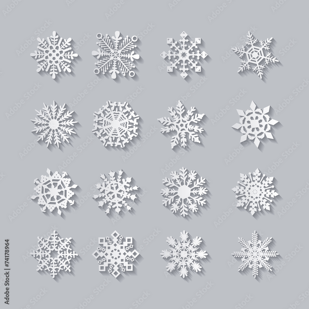 grey snowflakes and shadow on white background. art grey snowflakes and shadow on white background. art