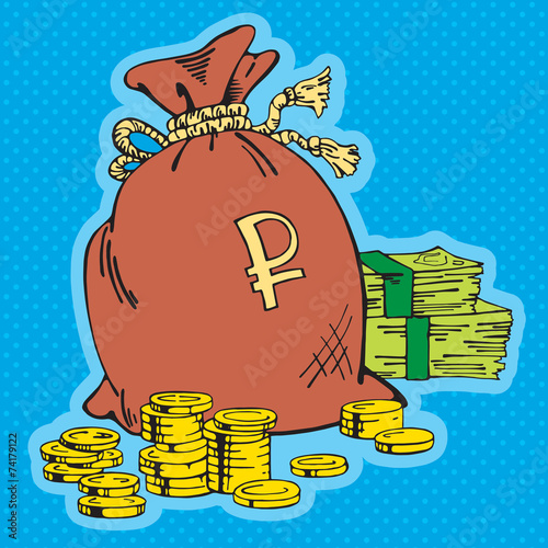 Bag of money, a lot of money, bank, coins, draw illustration