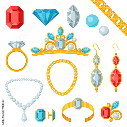 Set of beautiful jewelry and precious stones.