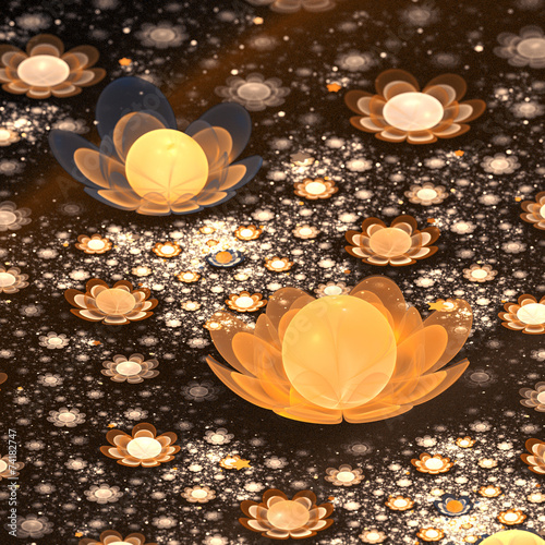 Field of gold fractal flowers, digital artwork